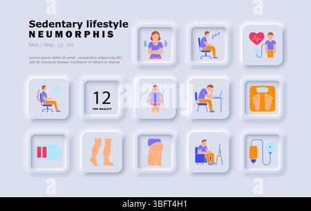 Sedary Lifestyle Set Symbol. Sitzende Person, schlechte Körperhaltung, schwellende Beine, wenig Energie, Büroarbeit, Skala, Rückenschmerzen, Fettleibigkeit, Blutdruck, Arbeitsfett Stock Vektor