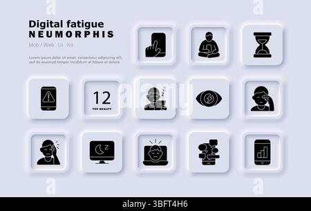 Symbol für digitales Ermüdungsset. Smartphone-Alarm, Touchscreen, Lesen, Timer, müde Augen, Schläfrigkeit, Augenbelastung, Schlafmonitor, überladener Laptop, Chat b Stock Vektor