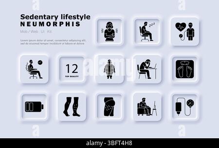 Sedary Lifestyle Set Symbol. Sitzende Person, Körperschmerzen, Bürostuhl, Fettleibigkeit, müde Beine, Krampfadern, Blutdruck, Inaktivität, Stresshaltung Stock Vektor