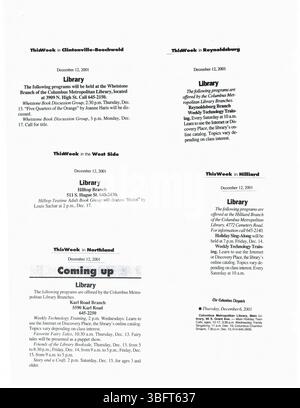 Diese Sammlung enthält Pressemitteilungen vom Januar 2002 an Columbus Media. Die Veröffentlichungen umfassen Bibliotheksprogramme, Eröffnungen, Schließungen und wichtige Anschaffungen und Jubiläen. Stockfoto