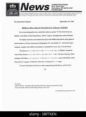 Diese Sammlung vom September 1996 enthält Pressemitteilungen aus der Columbus Metropolitan Library (CML), in denen Bibliotheksprogramme, Schließungen, Eröffnungen, Akquisitionen, und Jubiläen. Die Veröffentlichungen wurden an lokale Zeitungen, Radio- und Fernsehsender verteilt. Stockfoto