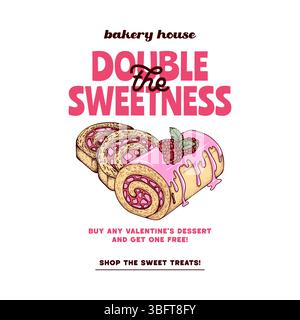 Sommer Dessert Typografie Poster Design Vorlage, rosa Creme Rolle und Bäckerei Kuchen mit Erdbeere, moderne Retro Hand gezeichnete Illustration für Cafe OR Stock Vektor