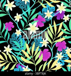 Abstrakte Bold Florals Tropischer Sommer Moderne Blumen Blätter Silhouette Mode Party Bunte Grün Lila Vektor Abstrakter Hintergrund. Magic Palm Stock Vektor