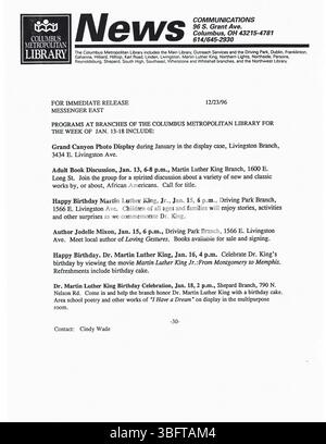 Diese Sammlung enthält Pressemitteilungen der Columbus Metropolitan Library, die im Dezember 1996 veröffentlicht wurden und über Schließungen, Veranstaltungen und Neuerwerbungen von Bibliotheken berichten, die an lokale Medien verteilt wurden. Stockfoto