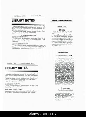 Diese Sammlung von Pressemitteilungen vom Januar 2002, die an lokale Medien gesendet werden, kündigt verschiedene Bibliotheksprogramme, Akquisitionen und öffentliche Veranstaltungen wie Schließungen und Eröffnungen in Columbus an. Stockfoto