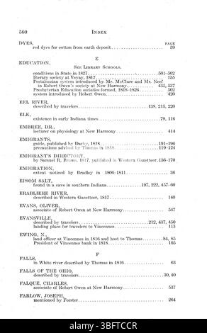 Die 1916 erschienene Publikation „Indiana as Seen by Early Travelers“ enthält eine Sammlung von Schriften verschiedener Reisende aus dem späten 18. Und frühen 19. Jahrhundert, die topographische Beschreibungen und Einblicke in das Indiana-Territorium und die Umgebung bieten. Es enthält Werke von Thomas Hutchins, George Imlay, C. F. Volney, Thomas Ashe, John Melish, und andere, die Jahre von 1778 bis 1817 abdecken. Stockfoto