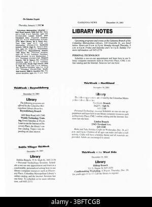 Diese Sammlung von Pressemitteilungen vom Januar 2002 enthält Informationen über Bibliotheksprogramme, Erwerbungen, Schließungen, Eröffnungen und Jubiläen in Columbus, die über lokale Medien verteilt werden. Stockfoto