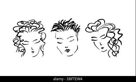 Drei Abstrakte Gesichter Geschlossene Augen Asiatische Dame, Ausdrucksstarke Frisur Friedliche Ruhige Stimmung. Mode Beauty Porträt für Salon Branding Minimal Freihand Stock Vektor