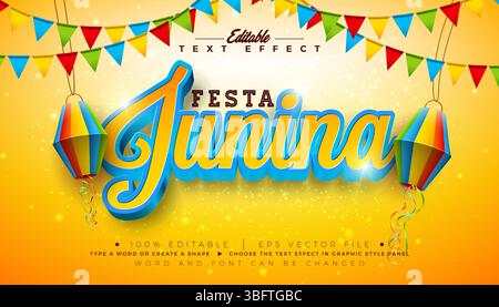Festa Junina 3D-Texteffekt Design bearbeitbarer und skalierbarer Vektor-Grafikstileffekt mit Typografie-Schriftzug und Schatten auf gelbem Hintergrund Stock Vektor