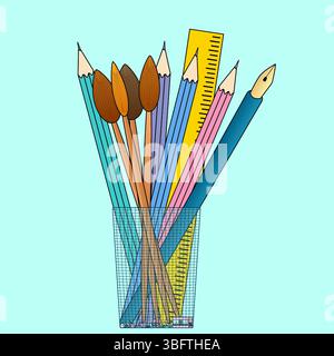 Vektor-Illustration eines Bleistifthalters gefüllt mit bunten Bleistiften, Pinseln, einem Lineal und einem Füllfederhalter auf einem hellblauen Hintergrund. Für zurück zu Stock Vektor