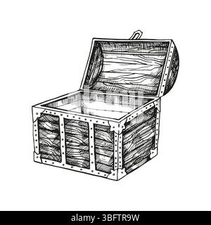 Handgezeichneter Vektor strukturierte Holzkiste mit offenem Deckel, Schatulle am Meeresgrund, Piratenbeute, schwarz-weiße Skizze, Abenteuer, Geschichte Stock Vektor