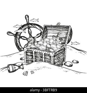 Handgezeichneter Vektor alte strukturierte hölzerne Schatzkiste, Münzen, Gold, Juwelen am Meeresgrund, Piratenbeute, Fische, Lenkrad, schwarz-weiß Stock Vektor