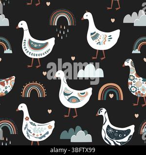 Niedliche abstrakt gemalte Cartoon-Gänse und Regenbogen nahtloses Muster. Gänsekollektion mit Doodle-Muster. Rustikal, Kinderzimmer, Folk oder skandinavischer Stil Stock Vektor