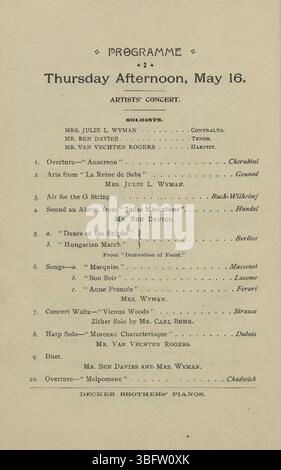 Seite 20 des 7. Mai-Musikfestivals in Indianapolis am 13. Mai 1895 zeigt weiterhin musikalische Darbietungen, unter Beteiligung des Maennerchors und der deutsch-amerikanischen Gemeinschaft, die den kulturellen Beitrag dieser Gruppe unterstreichen. Stockfoto