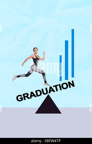Vorlage Collage Design Trend Artwork 3D Skizze der jungen Dame Sportswoman Lächeln laufen Anstrengung Training Student Abschluss Universität Erfolg Stockfoto