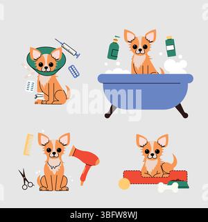 Ein süßes illustriertes Chihuahua in der Tierpflege Szenen Baden, Pflege, Tierarzt Besuch und Entspannung. Der verspielte Cartoon-Stil ist perfekt für die Tierpflege Stock Vektor