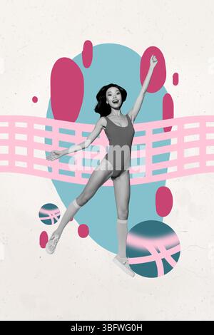 Art Pop Collage der Person Jump Stand vorne sportliches Netz mit Ball auf rosa Hintergrund Stockfoto