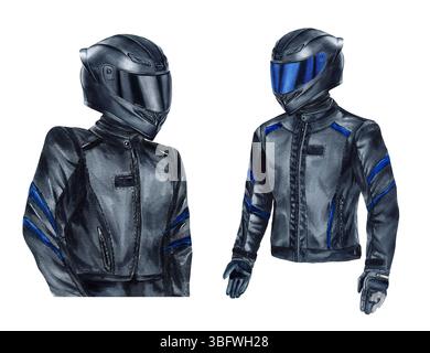 Set aus zwei Motorradfahrern, Biker Frau, Mann. Motorradfahrermädchen, Typ in Motorradausrüstung, Helme mit Visier. Aquarell-ClipArt-Illustrationen isoliert von Stockfoto