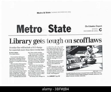 Diese Sammlung von Pressemitteilungen vom Januar 2004 enthält wichtige Ankündigungen der Columbus Metropolitan Library, wie etwa bevorstehende Programme, Bibliotheksschließungen und Neuerwerbungen. Stockfoto