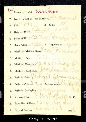 Dieses Dokument aus Marion County, Indiana, enthält Geburtsurkunden für Nachnamen, die mit W beginnen, die zwischen 1882 und 1907 eingereicht wurden. Ärzte und Hebammen reichten die Rückmeldungen beim Gesundheitsministerium von Marion County ein. Indiana machte die Geburtsregistrierung 1907 obligatorisch, obwohl die Praxis zuvor optional war. Stockfoto