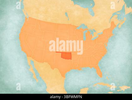Oklahoma auf der Karte der Vereinigten Staaten von Amerika in weichem Grunge und Vintage-Stil, wie altes Papier mit Aquarellmalerei. Stockfoto