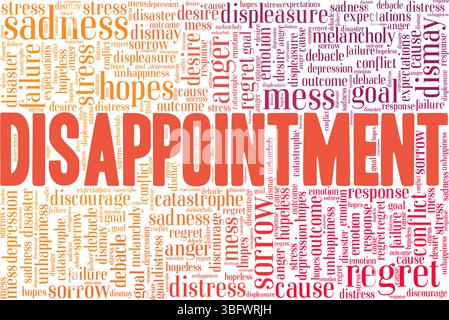Enttäuschung Wort Cloud konzeptuelles Design isoliert auf weißem Hintergrund. Stock Vektor