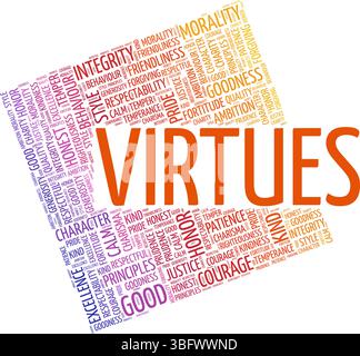 Virtues Word Cloud Konzeptdesign isoliert auf weißem Hintergrund. Stock Vektor