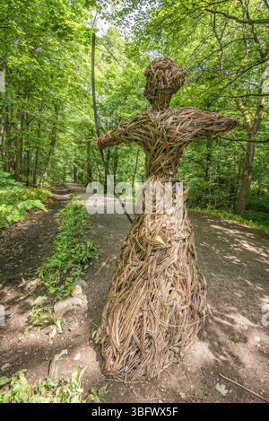 Der neueste Weidenbogenschütze, eine mittelalterliche Jägerin in Skipton Woods, komplett mit Bogen, Pfeil und Schnur aus Metall. Stockfoto