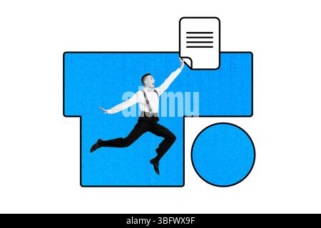 Skizze Bild Trend Artwork Montage 3D Foto Collage von lustigen jungen Mann Jump Gentleman Hand halten Business Networking E-Mail Arbeitsdokument Stockfoto