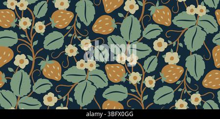 Mittelalterlicher Stil mit Erdbeerfrüchten mit Blumen symmetrischem nahtlosem Muster für Textilien, Tapeten, Geschenkpapier im viktorianischen Vintage-Stil. Stock Vektor