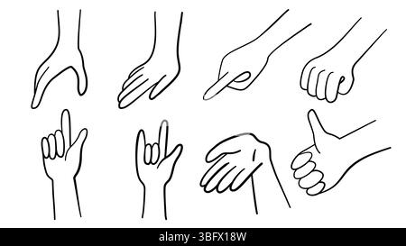 Handgesten-Linien-Symbolsatz enthielt Symbole wie Fingerinteraktion, kleine Schwöre, Zeigefingerpunkt, Begrüßung, Quetschen und mehr. Vektorkontur Illustratio Stock Vektor