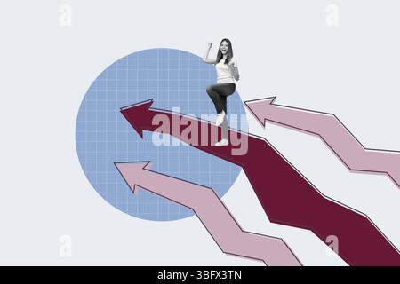 Collage einer glücklichen Person, die das Erreichen von Münzen Einkommen Finanzdiagramm Pfeile feiert, die Geldwachstum Geschäftserfolg symbolisieren Stockfoto