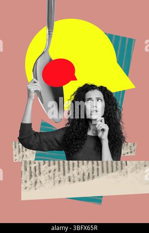 Trend-Artwork Poster Composite Sketch Collage von Dialog Text Wolke Geist SMS Kommunikation junge Frau denkt Hand halten Löffel hungrig Stockfoto