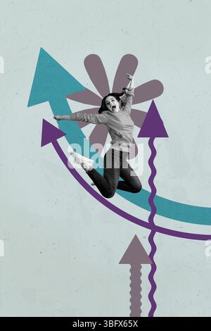 Trendpop-Collage der Person Sprung Stand erhöhen Pfeile auf grauem Hintergrund Stockfoto