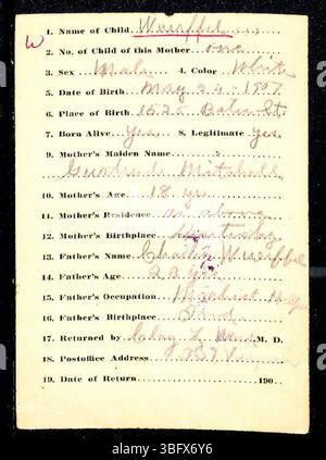 Dieses Dokument enthält Geburtsurkunden, die zwischen 1882 und 1907 im Marion County, Indiana, eingereicht wurden. Die Rückgaben sind alphabetisch nach Nachnamen geordnet und wurden von Ärzten und Hebammen eingereicht. Gelegentliche Sortierfehler aufgrund unklarer Handschrift. Geburtsurkunden für diese Kinder sind über das Marion County Health Department erhältlich. Stockfoto