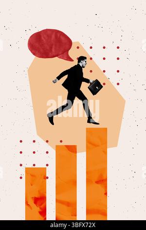 3D Collage Poster Vorlage Trend Grafik Skizze von Geschäftsmann Walk Statistiken Talk Speech Cloud Personalabteilung Personalmanager Stockfoto