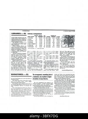 Seite 6 der Sammlung vom Januar 2002 enthält Pressemitteilungen aus der Columbus Metropolitan Library, in denen Neuerwerbungen, Bildungsprogramme und Bibliotheksveranstaltungen für die Öffentlichkeit bekannt gegeben werden. Stockfoto
