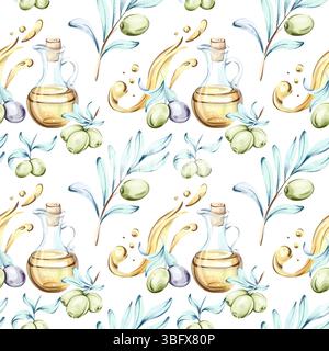 Oliven und Olivenöl nahtloses Muster Hintergrunddesign inspiriert von italienischer Küche und Natur mit Aquarellen von Olivenöl Stock Vektor