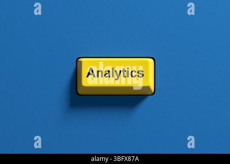 Die gelbe Computertastatur mit dem Wort Analytics vor blauem Hintergrund symbolisiert die Schnittmenge zwischen Datenanalyse und Geschäftsstrategie in Stockfoto