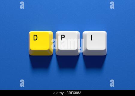 Drei Tastaturtasten mit den Buchstaben dpi für Punkte pro Zoll, ein Konzeptbild zur Bildauflösung. 3D-Rendering Stockfoto