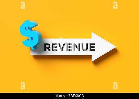 Weißer Pfeil mit Umsatzwort und blauem Dollarsymbol auf gelbem Hintergrund. 3D-Rendering Stockfoto
