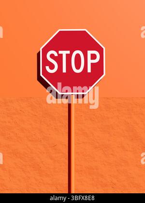 Rotes Stoppschild auf orangefarbenem Wandhintergrund, das Warnung, Vorsicht und Verkehrsvorschriften symbolisiert. 3D-Rendering Stockfoto