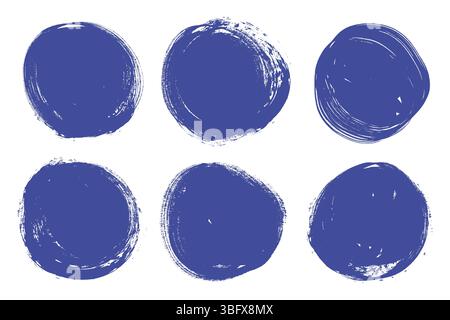Grunge runde Kreise Stempel, handgemalt, isoliert auf weißem Hintergrund. Blaues Handzeichnen Grunge Pinsel Pinselstrich Farbkreissatz. Stock Vektor