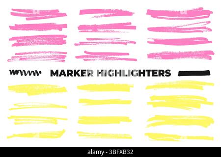 Permanente Markierungslinien zum Unterstreichen und Hervorheben. Gelbe und pinkfarbene Markierungslinie. Handgezeichnete, raue Pinsellinien Stock Vektor