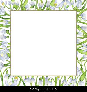 Winziger goldener quadratischer Rahmen mit weißen Schneeglöckchen und grünen Blättern. Rechteckiger Rahmen aus Blumen im Frühling. Frühlingsblumen Clipart. Handgezeichnetes Wasserco Stockfoto