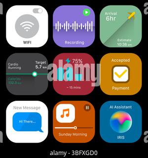 Farbenfrohe Symbole für die Smartwatch-App-Benutzeroberfläche mit verschiedenen Funktionen Stock Vektor