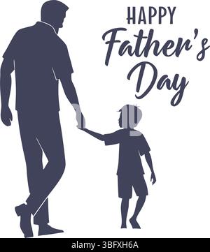 Happy Vatertag-Gruß mit einer herzerwärmenden Silhouette eines Vaters und Sohnes, die Hände halten, die zusammen gehen Stock Vektor