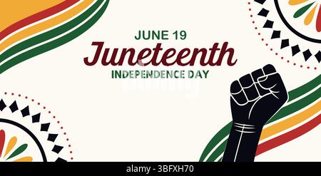 Feiern Sie den Juneteenth Independence Day mit leuchtenden Farben und einer hochgezogenen Faust, die Freiheit und Erbe symbolisiert. Stock Vektor