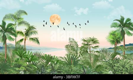 Traumhafte Küstenmalerei: Palmen Bei Sonnenuntergang/Sonnenaufgang, Vögel, Mond Und Farbenfroher Himmel Stockfoto