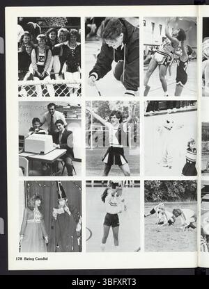 Seite 182 enthält eine Reihe von Schülerporträts und Bildern aus der Schulumgebung. Stockfoto